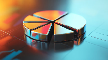 A dynamic 3D pie chart with metallic segments, arranged on a reflective surface, representing financial data and business performance.の素材