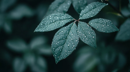 A detailed shot of a leaf with dew drops in a rain-drenched garden, showcasing the natural beauty and resilience of plants in wet conditions.の素材