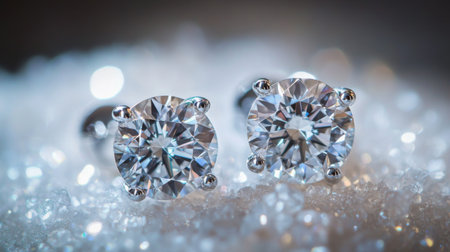 A detailed shot of a pair of diamond earrings with a unique design, captured with a macro lens to emphasize the cut and sparkle of each stone.の素材
