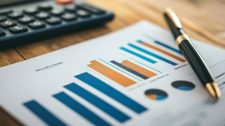 A detailed shot of a printed financial report with various charts and graphs, with a pen and calculator beside it, emphasizing the analysis and planning process.の素材