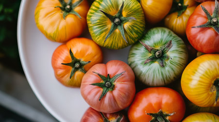 A detailed shot of heirloom tomatoes with unique colors and patterns, placed on a white plate to emphasize their gourmet quality and rich texture.の素材