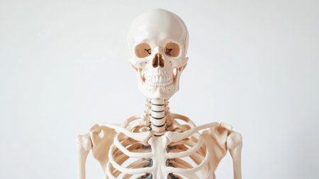 A detailed view of the human skeletal system, showing major bones and joints, presented against a white background to highlight the structure of the human body.の素材