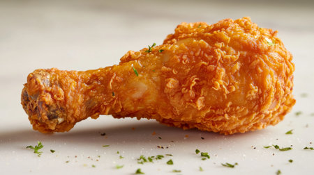 A dynamic shot of a fried chicken drumstick with a crispy, textured coating, placed on a white surface with a sprinkle of herbs for added visual appeal.の素材