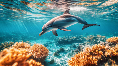 A dolphin swimming in a clear lagoon with vibrant coral and marine life visible below, showcasing the beauty of both the animal and its environment.の素材