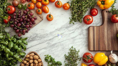 A flat lay of a variety of tomatoes, including cherry, grape, and heirloom, arranged artfully on a kitchen countertop with herbs and a cutting board.の素材