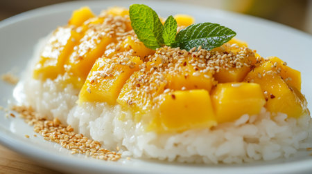 A dynamic shot of a serving of Thai mango sticky rice with a garnish of toasted sesame seeds, presented on a white plate to emphasize its vibrant colors and delicious appeal.の素材