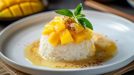 A dynamic shot of a serving of Thai mango sticky rice with a garnish of toasted sesame seeds, presented on a white plate to emphasize its vibrant colors and delicious appeal.の素材