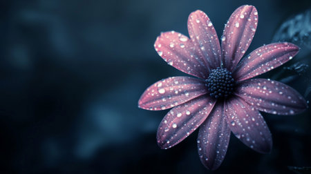 A flower with dew drops on its petals against a dark background, with the droplets reflecting light and adding a sense of depth and richness to the image.の素材