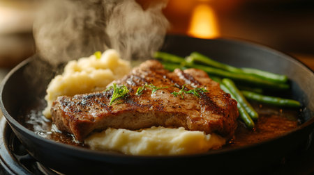 A dynamic shot of a sizzling pork steak being served on a hot skillet, with steam rising and a side of mashed potatoes and green beans.の素材