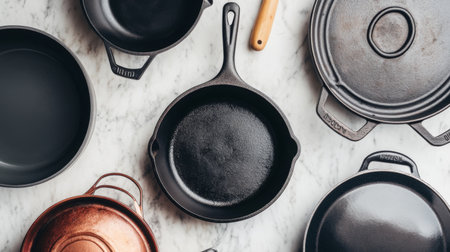 A flat lay of various cooking pots and pans, including a cast iron skillet, non-stick pan, and saucepan, neatly arranged on a marble countertop.の素材