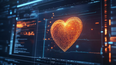 A digital heart-shaped graph on a computer screen, representing data related to health or well-being. The modern design emphasizes the fusion of technology and care.の素材