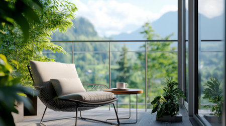 A dynamic shot of a modern balcony with a comfortable lounge chair, a small side table with a coffee cup, and a railing view of a scenic landscape.の素材