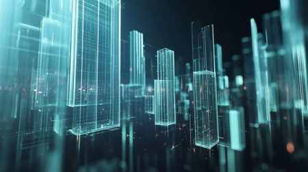 A futuristic 3D bar graph floating in space, with transparent bars of different heights, set against a dark background, symbolizing high-tech data visualization.の素材