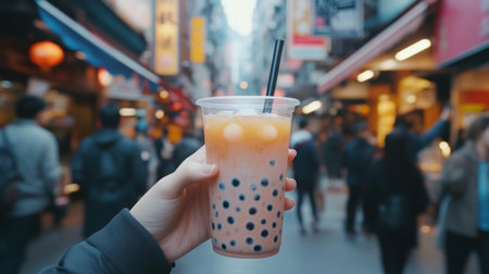 A hand holding a cup of iced bubble tea with a wide straw, the tapioca pearls visible through the clear plastic, against a bustling street background.の素材