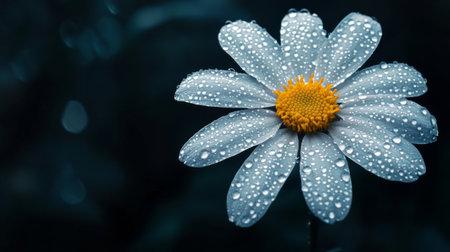 A flower with dew drops on its petals against a dark background, with the droplets reflecting light and adding a sense of depth and richness to the image.の素材