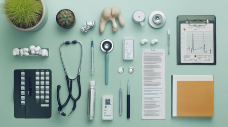 A flat lay of veterinary tools and supplies on a clean examination table, including a stethoscope, thermometer, and medical charts, showcasing readiness for patient care.の素材