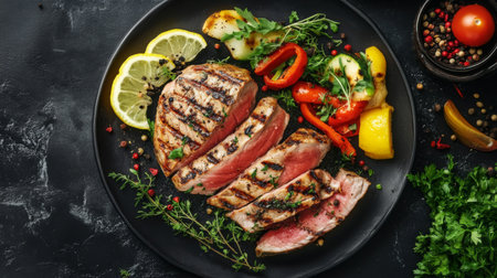 A flat lay of a seafood platter featuring grilled tuna steaks, garnished with lemon wedges, herbs, and a side of vegetables, highlighting a gourmet meal.の素材