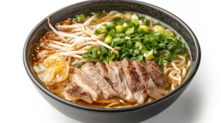 A dynamic shot of a bowl of noodle soup with clear broth, garnished with green onions, bean sprouts, and slices of meat, placed on a white background.の素材