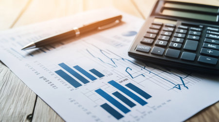 A flat lay of a printed financial report with charts and graphs, a calculator, and a pen placed neatly beside it, ready for analysis.の素材