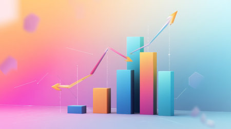 A dynamic 3D bar graph with arrows pointing upward, set against a gradient background, symbolizing data trends, economic growth, and financial success.の素材