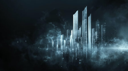 A futuristic 3D bar graph floating in space, with transparent bars of different heights, set against a dark background, symbolizing high-tech data visualization.の素材