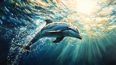 A dolphin diving gracefully beneath the surface, leaving a trail of bubbles, with a bright and sunny ocean scene above.の素材
