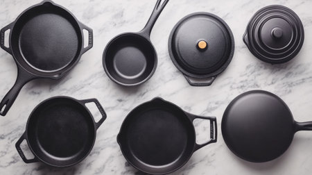 A flat lay of various cooking pots and pans, including a cast iron skillet, non-stick pan, and saucepan, neatly arranged on a marble countertop.の素材