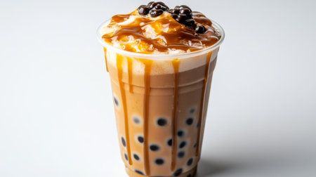 A high-angle shot of a cup of freshly made brown sugar bubble tea, the caramel swirls and tapioca pearls standing out against a simple white background.の素材