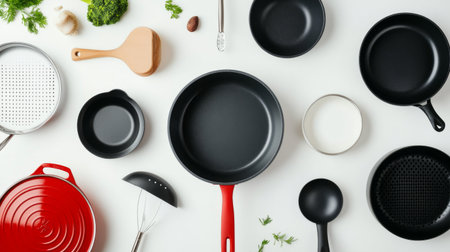 A high-angle view of different types of cookware, including a deep pot and frying pan, arranged on a clean white background, emphasizing their shapes and materials.の素材