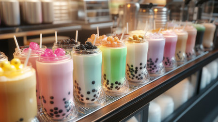 A high-angle view of a bubble tea shop counter, with freshly made drinks lined up, each with different types of boba and jelly toppings, ready for customers.の素材