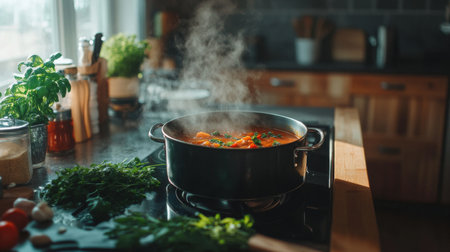 A modern kitchen scene with a pot of soup simmering on the stove, with fresh herbs and ingredients laid out beside it, ready to add flavor.の素材