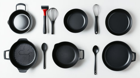 A high-angle view of different types of cookware, including a deep pot and frying pan, arranged on a clean white background, emphasizing their shapes and materials.の素材
