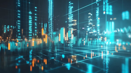 A high-resolution image of a business financial graph with rising lines and bars, overlaid with numerical data and set against a clean, professional background.の素材