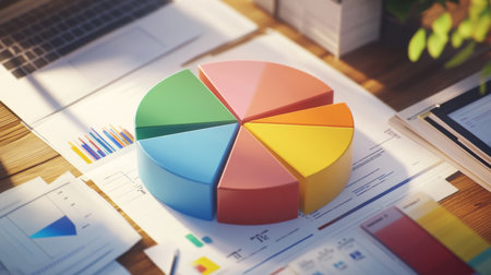 A high-angle view of a 3D pie chart with labeled segments, placed on a desk alongside business documents and a laptop, symbolizing data analysis in a corporate setting.の素材