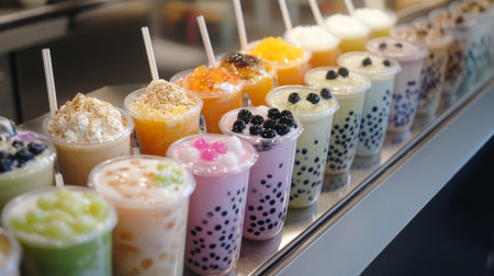 A high-angle view of a bubble tea shop counter, with freshly made drinks lined up, each with different types of boba and jelly toppings, ready for customers.の素材