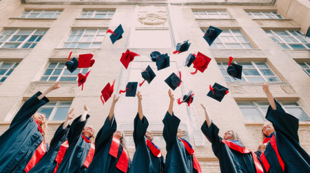 A high-resolution image of a group of graduates in caps and gowns tossing their hats in the air on a university campus, celebrating their accomplishment together.の素材