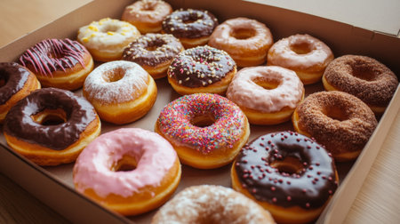A high-angle view of a box of assorted donuts with an open lid, showcasing a mix of flavors and designs, perfect for a morning treat.の素材