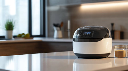 A high-resolution image of a modern rice cooker with a digital display, sitting on a clean kitchen countertop, showcasing its sleek design and functionality.の素材
