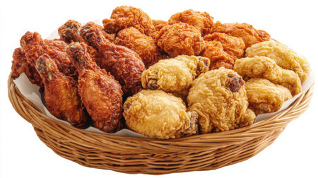 A high-resolution image of a basket of assorted fried chicken pieces, including wings and thighs, on a white background, showcasing the variety and golden-brown color.の素材