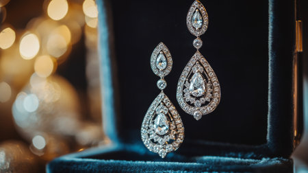 A high-resolution image of a pair of sophisticated diamond drop earrings hanging from a luxurious velvet jewelry box, with a focus on their intricate design.の素材
