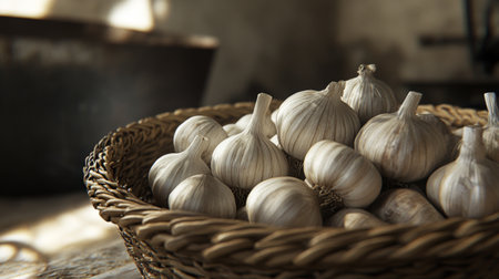 A high-resolution image of garlic bulbs placed in a woven basket, with a backdrop of a kitchen or dining area, highlighting their natural and earthy appearance.の素材