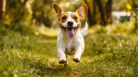 A high-resolution image of a happy dog running towards the camera in a park, with its tongue out and a joyful expression, capturing its playful nature.の素材