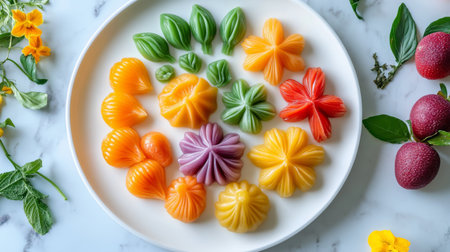 A high-resolution image of Thai dessert dumplings (kanom look choup) shaped like fruits and vegetables, beautifully arranged on a white plate for a whimsical presentation.の素材