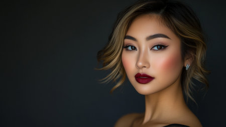 A high-resolution portrait of a woman with elegant makeup and styled hair, exuding confidence and beauty in a professional setting.の素材