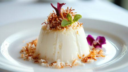 A high-resolution image of a tropical coconut dessert, such as coconut panna cotta or coconut macaroons, beautifully plated and garnished, set against a clean background.の素材
