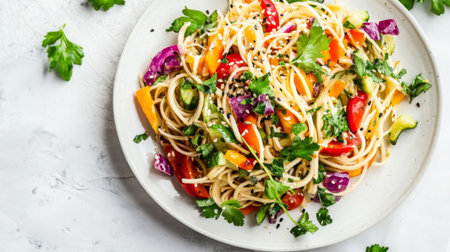 A high-resolution image of a noodle salad with colorful vegetables, herbs, and a tangy dressing, beautifully arranged on a white plate for a fresh and vibrant look.の素材