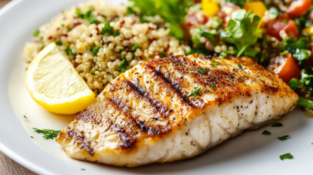 A high-resolution image of a deliciously grilled fish steak with crispy skin, served with a side of quinoa salad and a wedge of lemon on a white plate.の素材