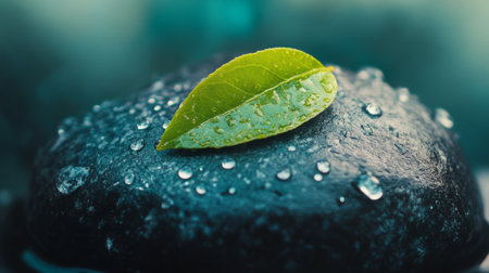A high-resolution image of a dewy leaf resting on a smooth stone, with droplets of water adding a fresh and natural touch to the composition.の素材