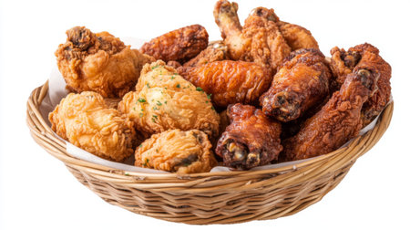 A high-resolution image of a basket of assorted fried chicken pieces, including wings and thighs, on a white background, showcasing the variety and golden-brown color.の素材