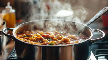 A large soup pot filled with a hearty stew, simmering on a stovetop, with steam rising and ladle resting on the side, creating a cozy, home-cooked vibe.の素材
